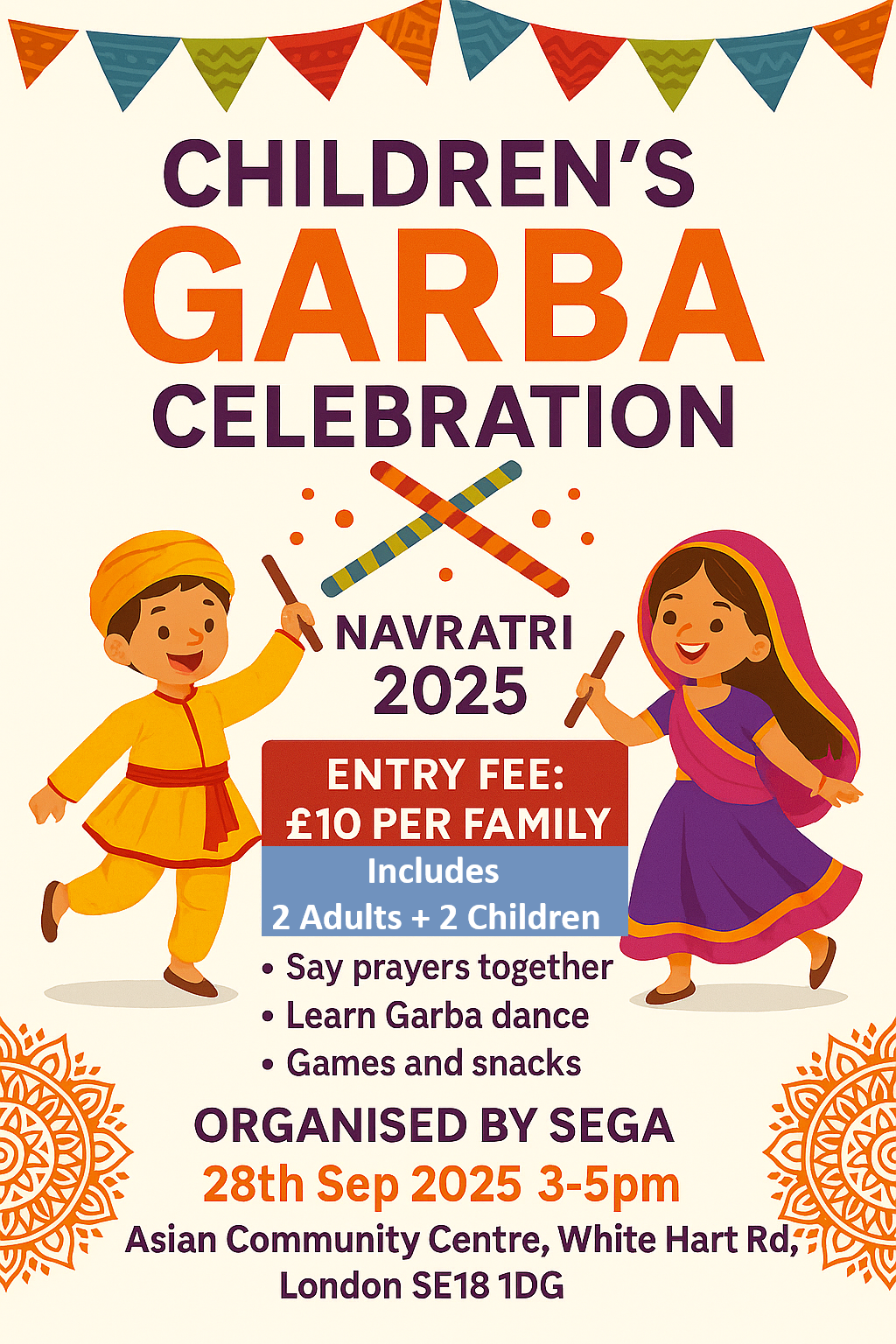 SEGA - Kids Garba Event ( Family Entry - 2 Kids + 2 Adults )